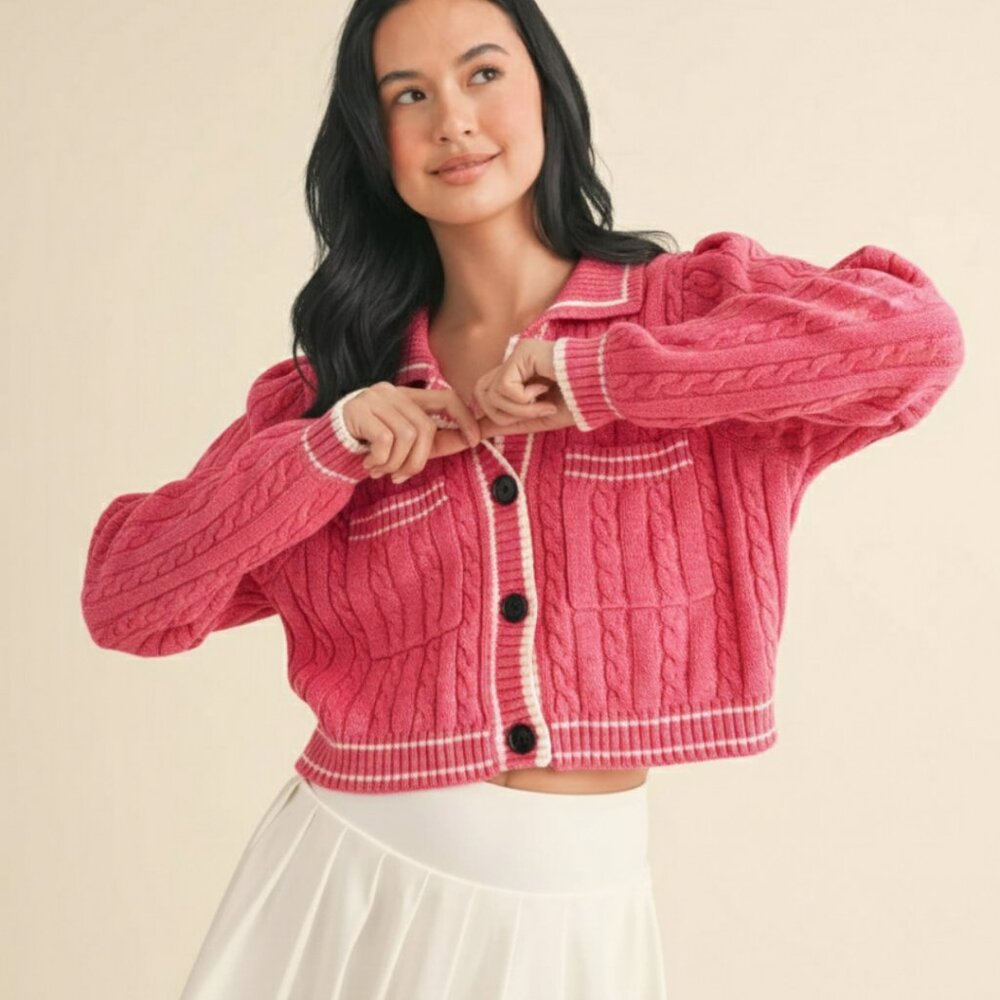 White Room + Cactus Pink Cable Knit Cardigan Short Sleeve Button Front